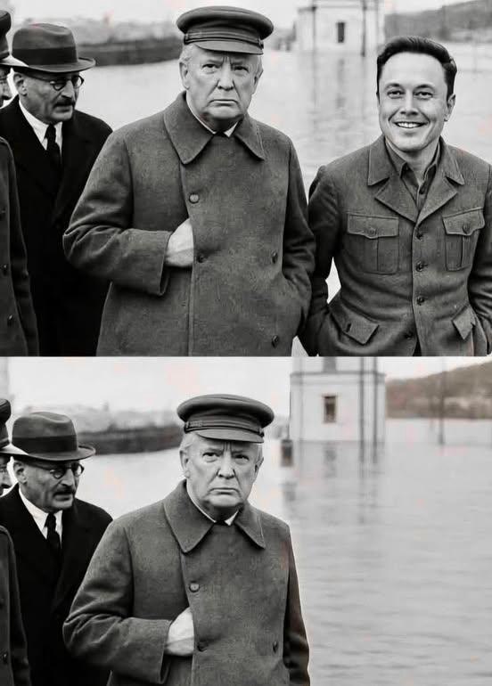 Трамп и Маск Трамп и Маск, фото похожее на знаменитую фотографию Сталина и его окружения, с которой позже убрали Ежова