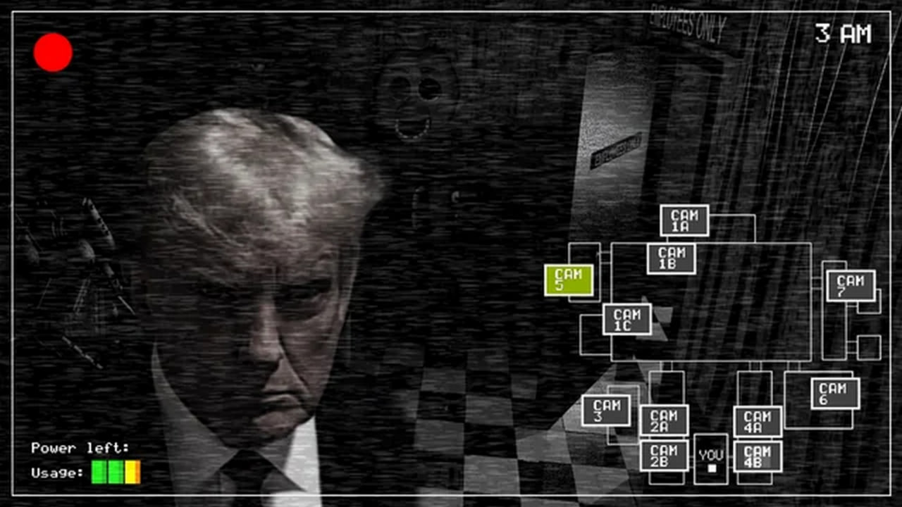 Трамп во Five Nights at Freddy’s Дональд Трамп в роли аниматроника или охранника в Five Nights at Freddy’s, на фоне монитора видеонаблюдения с картой и индикаторами.