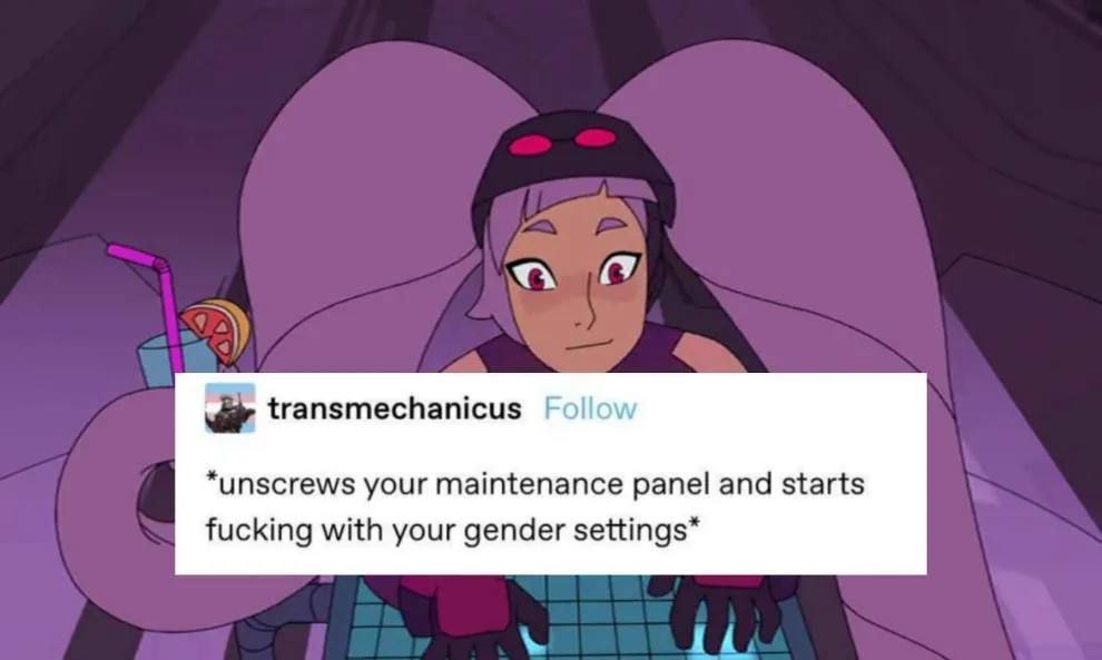 Персонаж из мультсериала и подпись в стиле Tumblr: «unscrews your maintenance panel and starts fucking with your gender settings»