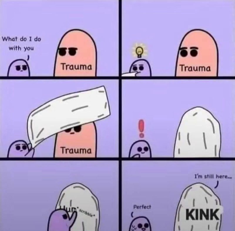 Комикс про Trauma и KINK, где маленький персонаж пытается что-то сделать с травмой, но она всё равно остаётся рядом