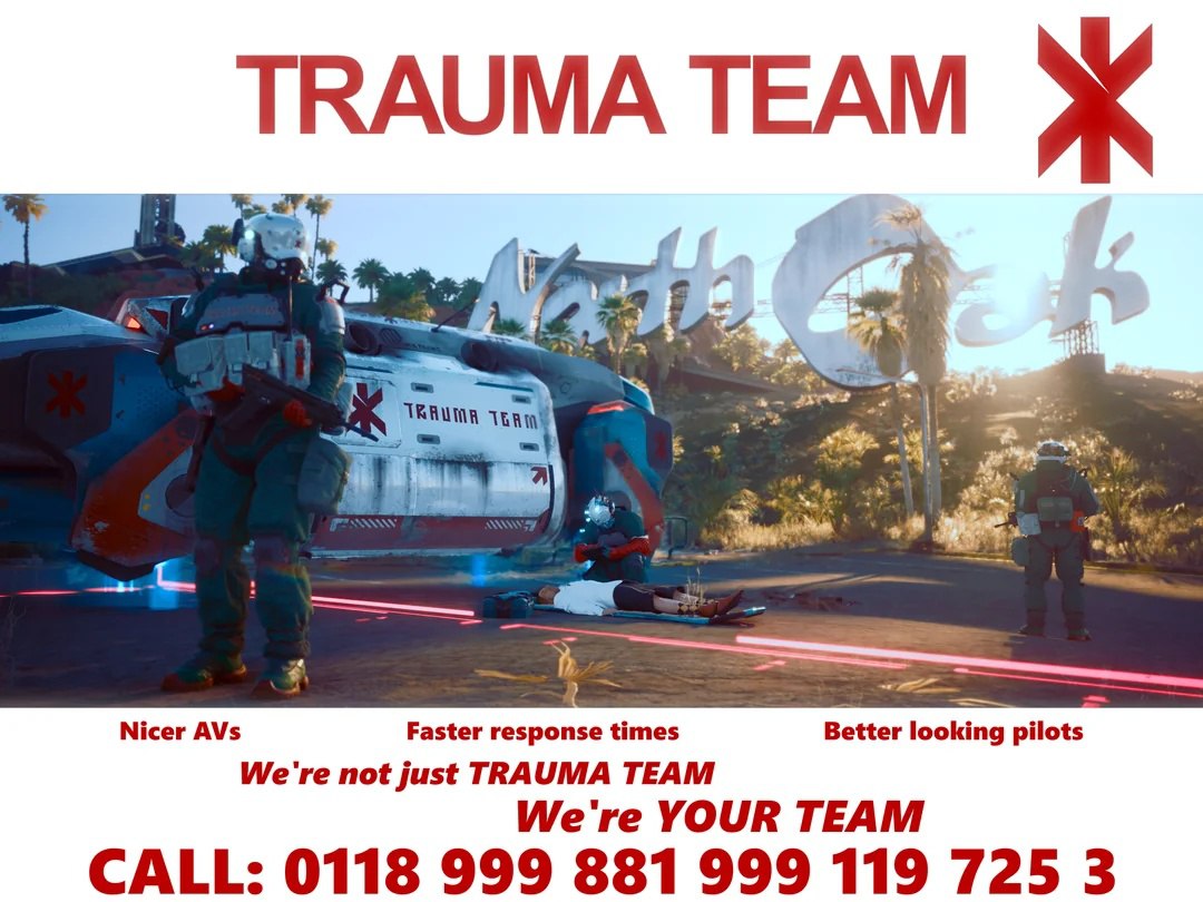 Trauma team Cyberpunk 2077 Мем с изображением Trauma Team из Cyberpunk 2077 и рекламным слоганом