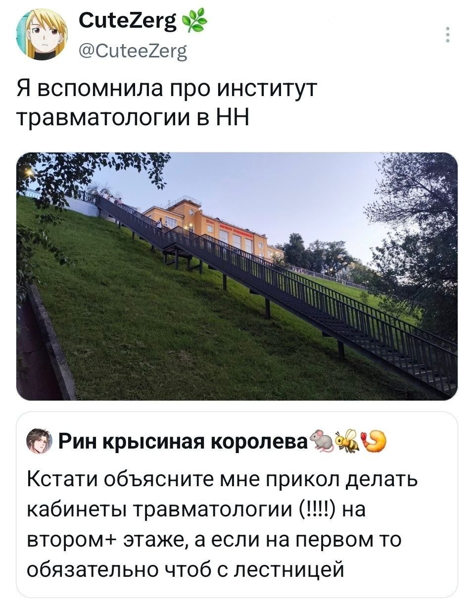Скриншот переписки про институт травматологии в Нижнем Новгороде и шутку о том, что кабинеты травматологии делают на втором этаже или только с лестницей