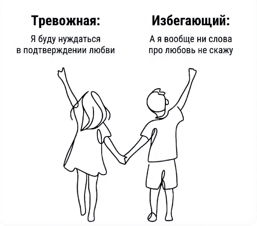 Тревожный и избегающий типы привязанности: один нуждается в подтверждении любви, а другой избегает разговоров о чувствах.