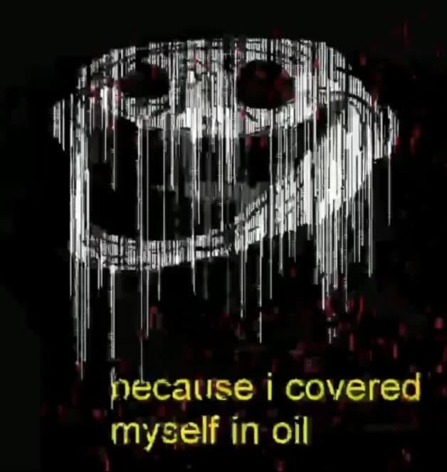 Trollface because i covered myself in oil Мем с искаженным лицом тролля и надписью "because i covered myself in oil"
