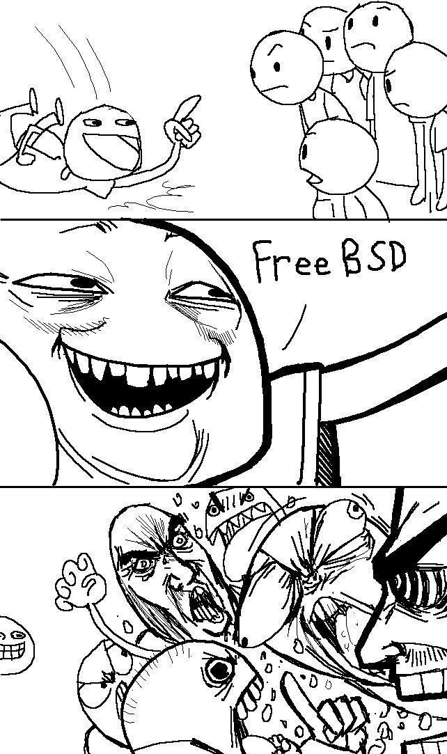Ухмыляющийся персонаж предлагает Free BSD, и толпа впадает в ярость Ухмыляющийся персонаж предлагает бесплатный BSD, и толпа впадает в ярость, пытаясь напасть на него.