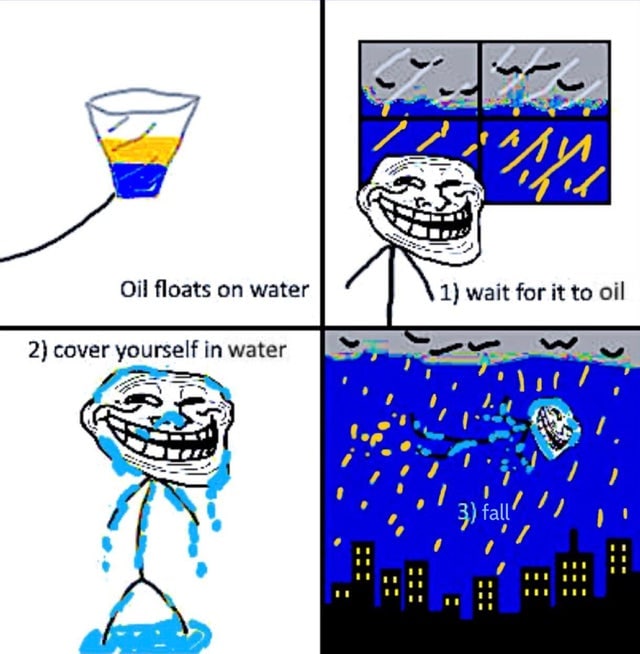 Мем Trollface масло на воде Мем с Троллфейсом, демонстрирующий абсурдный способ полёта с помощью масла и воды.