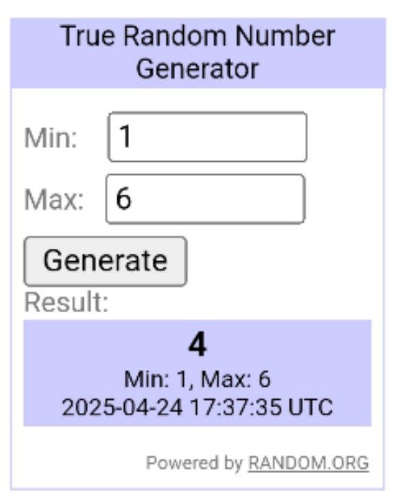 True Random Number Generator Скриншот онлайн-генератора случайных чисел True Random Number Generator, показывающий результат 4 в диапазоне от 1 до 6.
