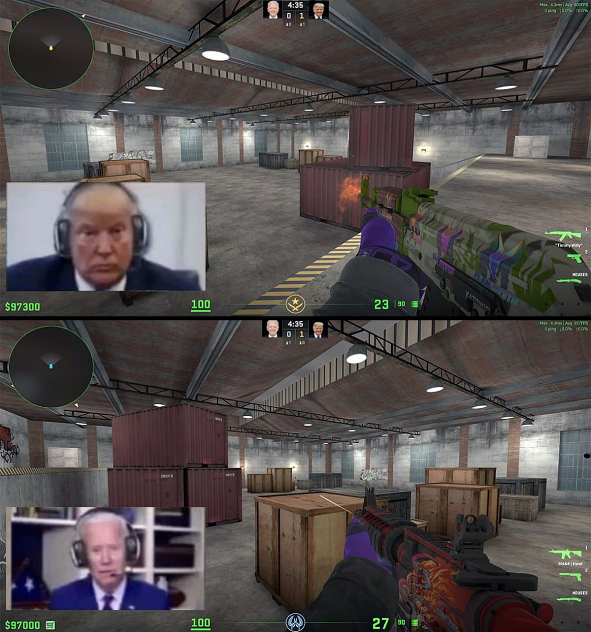 Трамп и Байден играют в CS:GO Мем с Дональдом Трампом и Джо Байденом, играющими в Counter-Strike: Global Offensive с веб-камерами