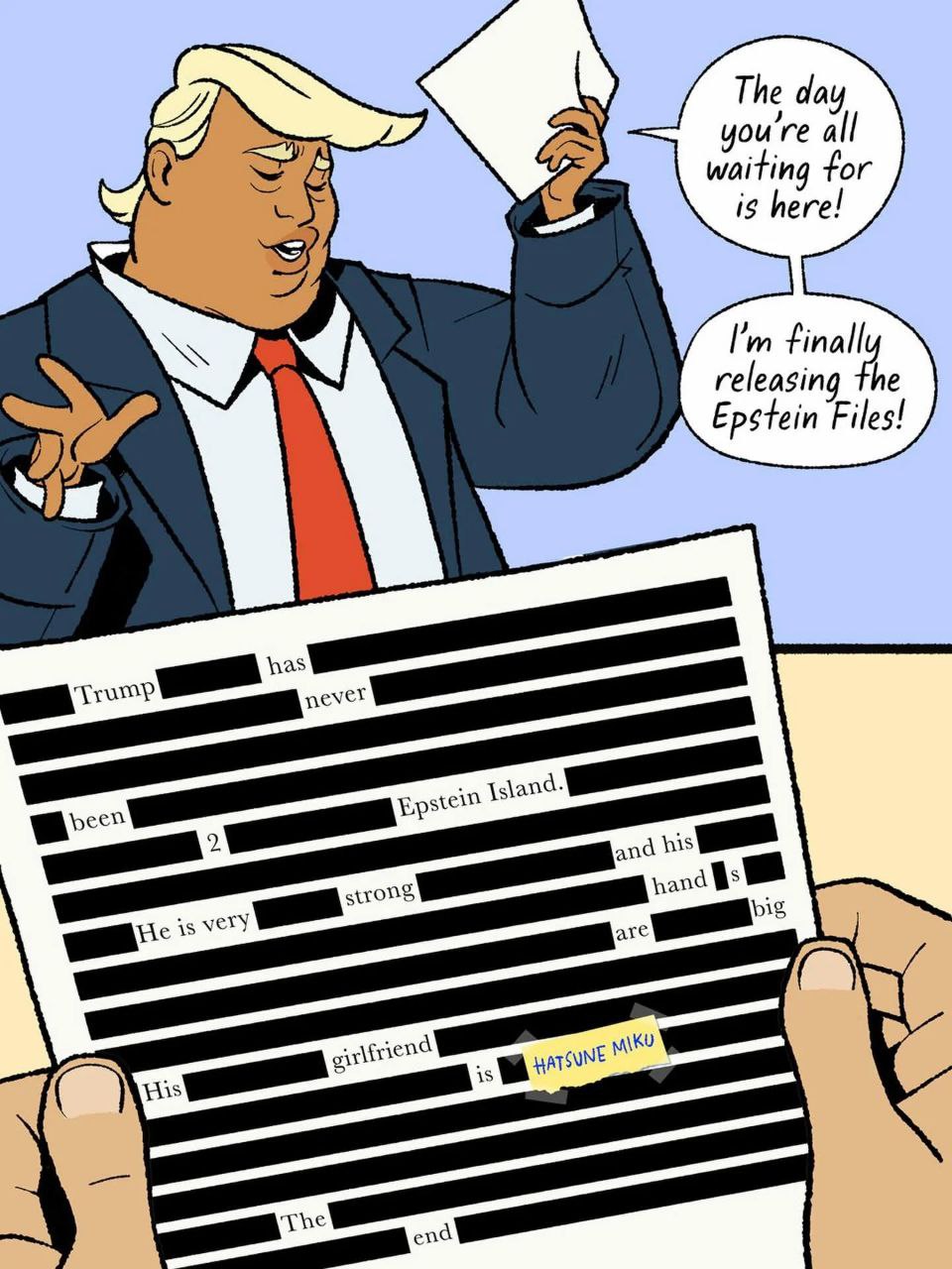 Мем с Дональдом Трампом, раскрывающим цензурированные файлы Эпштейна, где его девушка — Hatsune Miku