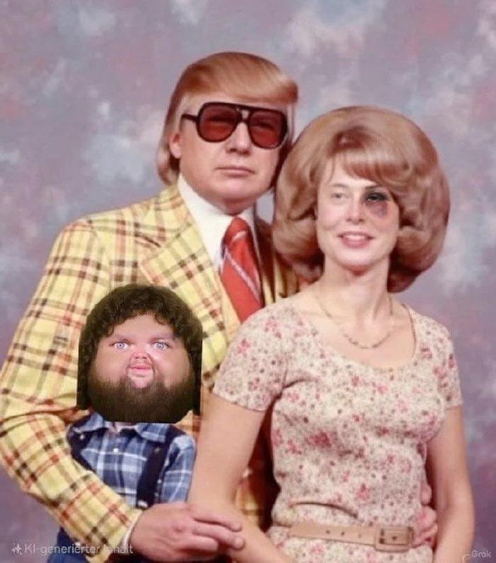 Семейное фото Трампа и Маска Семейная фотография Трампа, Маска и их ребенка в винтажном стиле с синяком под глазом у женщины.