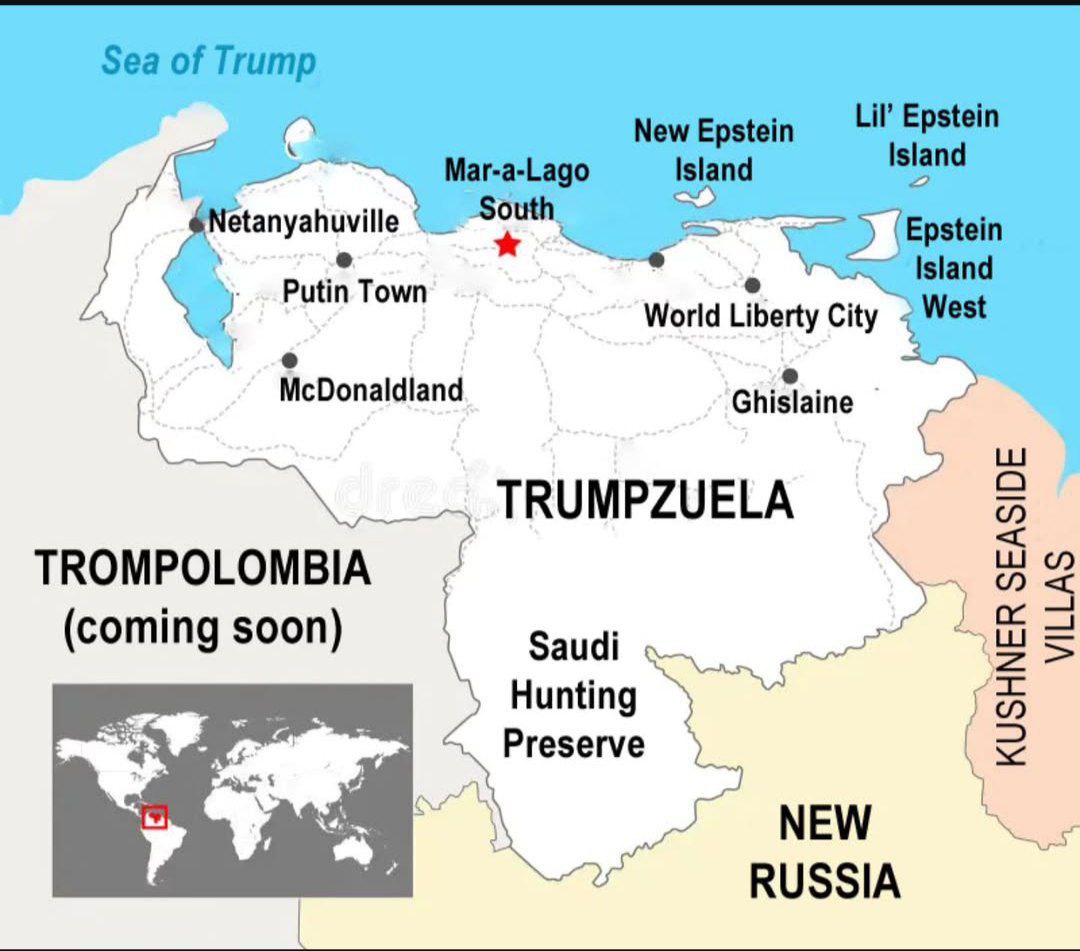 Сатирическая карта Южной Америки, где Венесуэла названа Трампзуэлой, а Колумбия - Тромполомбией.