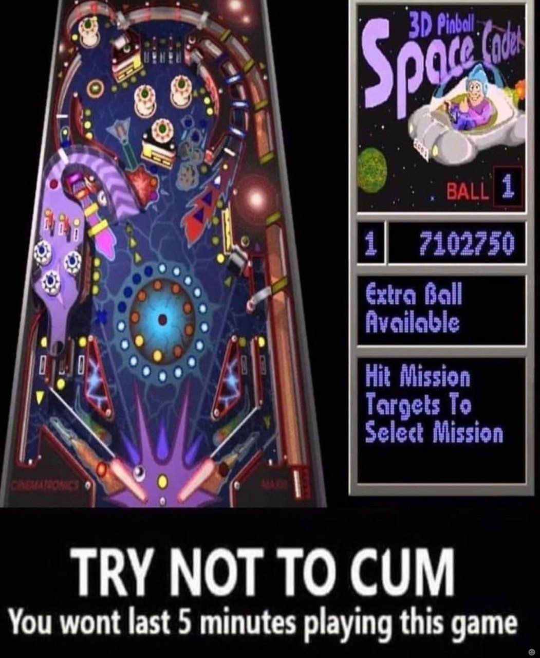 Мем с игрой 3D Pinball Space Cadet и надписью Try not to cum Мем, где игра 3D Pinball Space Cadet связана с потерей контроля из-за чрезмерного удовольствия.