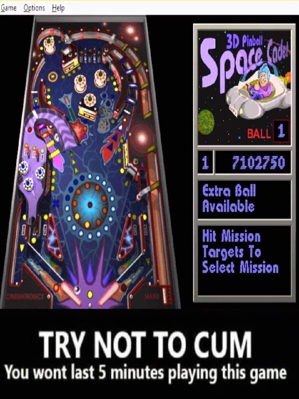 Скриншот 3D Pinball: Space Cadet с подписью «Try not to cum — You won't last 5 minutes playing this game» и сексуальным подтекстом.