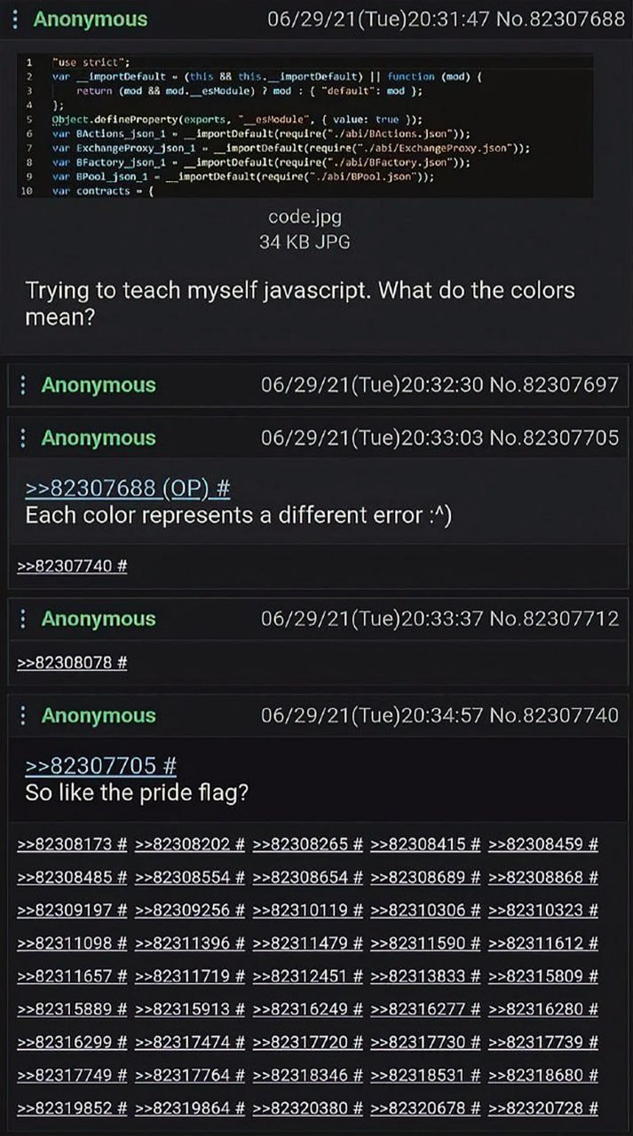 Trying to teach myself javascript. What do the colors mean? Пользователь спрашивает, что означают цвета в его коде JavaScript, а ему отвечают, что каждый цвет — это ошибка, сравнивая это с флагом прайда.