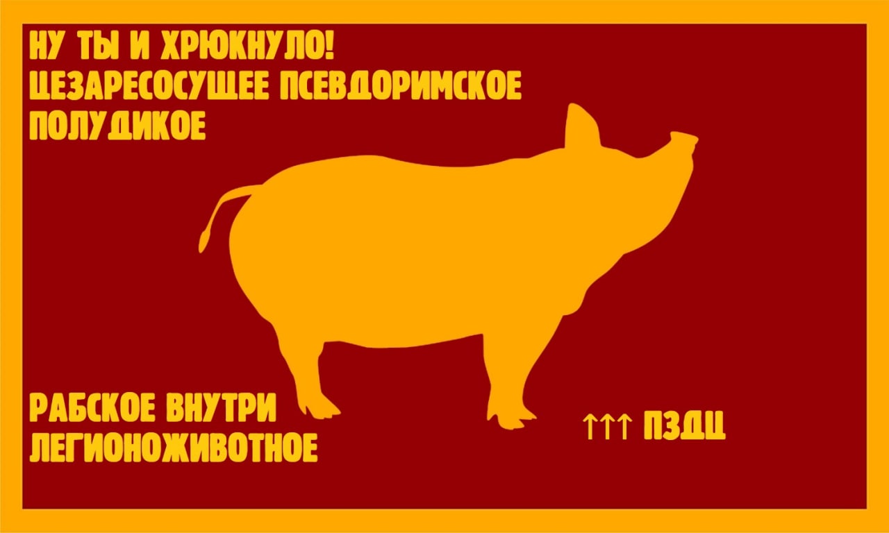 Ну ты и хрюкнуло! Цезаресосущее псевдоримское полудикое Мем с силуэтом свиньи и надписями: "Ну ты и хрюкнуло! Цезаресосущее псевдоримское полудикое рабское внутри легионоживотное. ПЗДЦ."