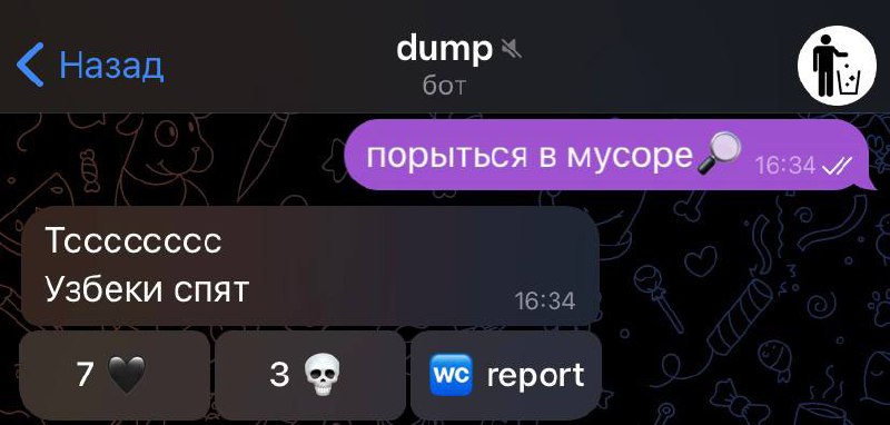 Тссссссс Узбеkи спят Скриншот переписки в Telegram, где пользователь предлагает «порыться в мусоре» и получает ответ «Тссссссс Узбеkи спят» с эмодзи черного сердца, черепа и кнопки WC report.