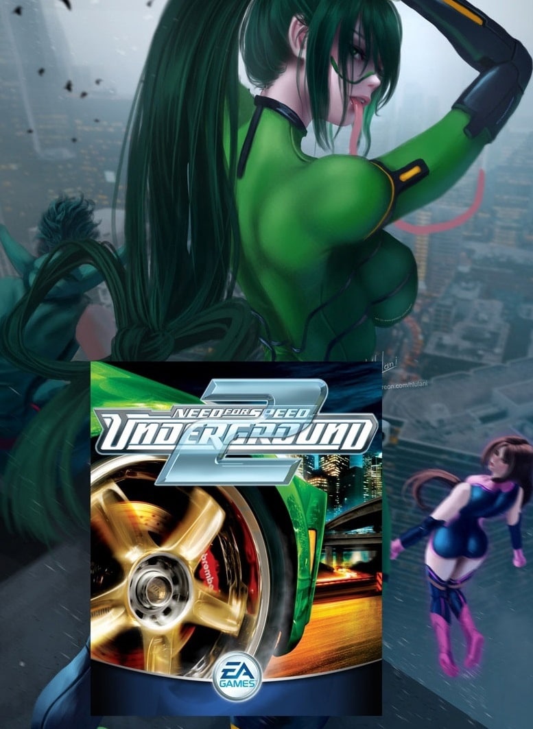 Цую Асуи и Need for Speed Underground 2 Цую Асуи из «Моей геройской академии» в зеленом костюме, высунув язык, и обложка игры Need for Speed Underground 2