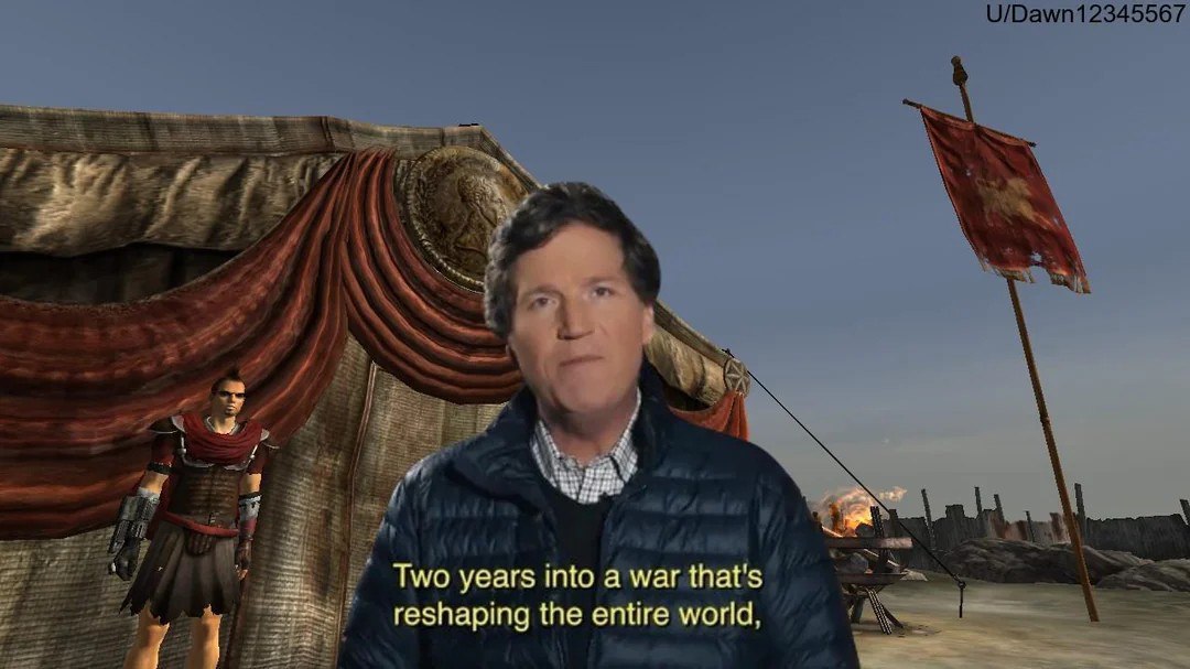 Такер Карлсон на фоне Fallout: New Vegas Американский политический обозреватель Такер Карлсон на фоне локации из компьютерной игры Fallout: New Vegas.