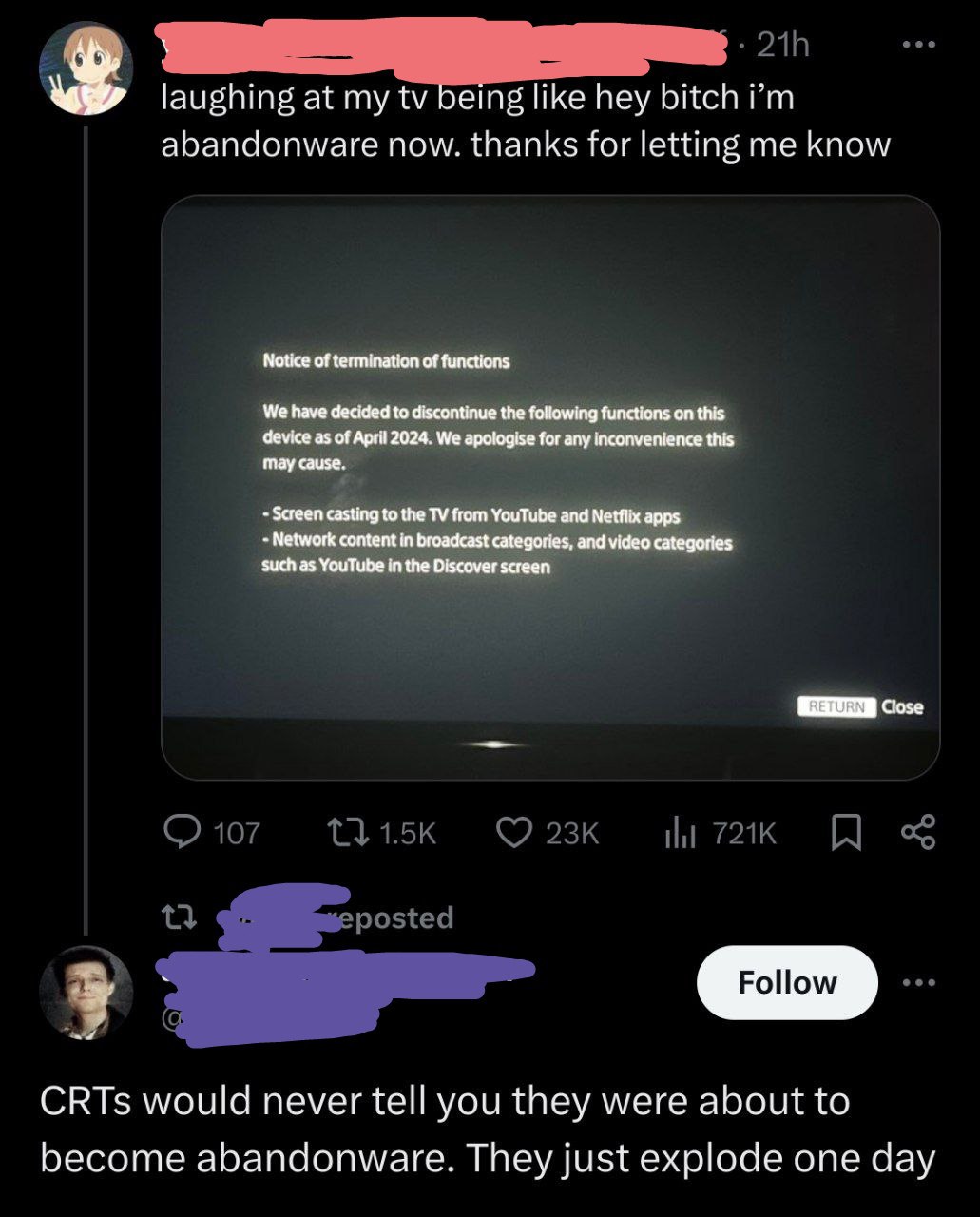 Телевизор становится abandonware Уведомление о прекращении поддержки функций телевизора
