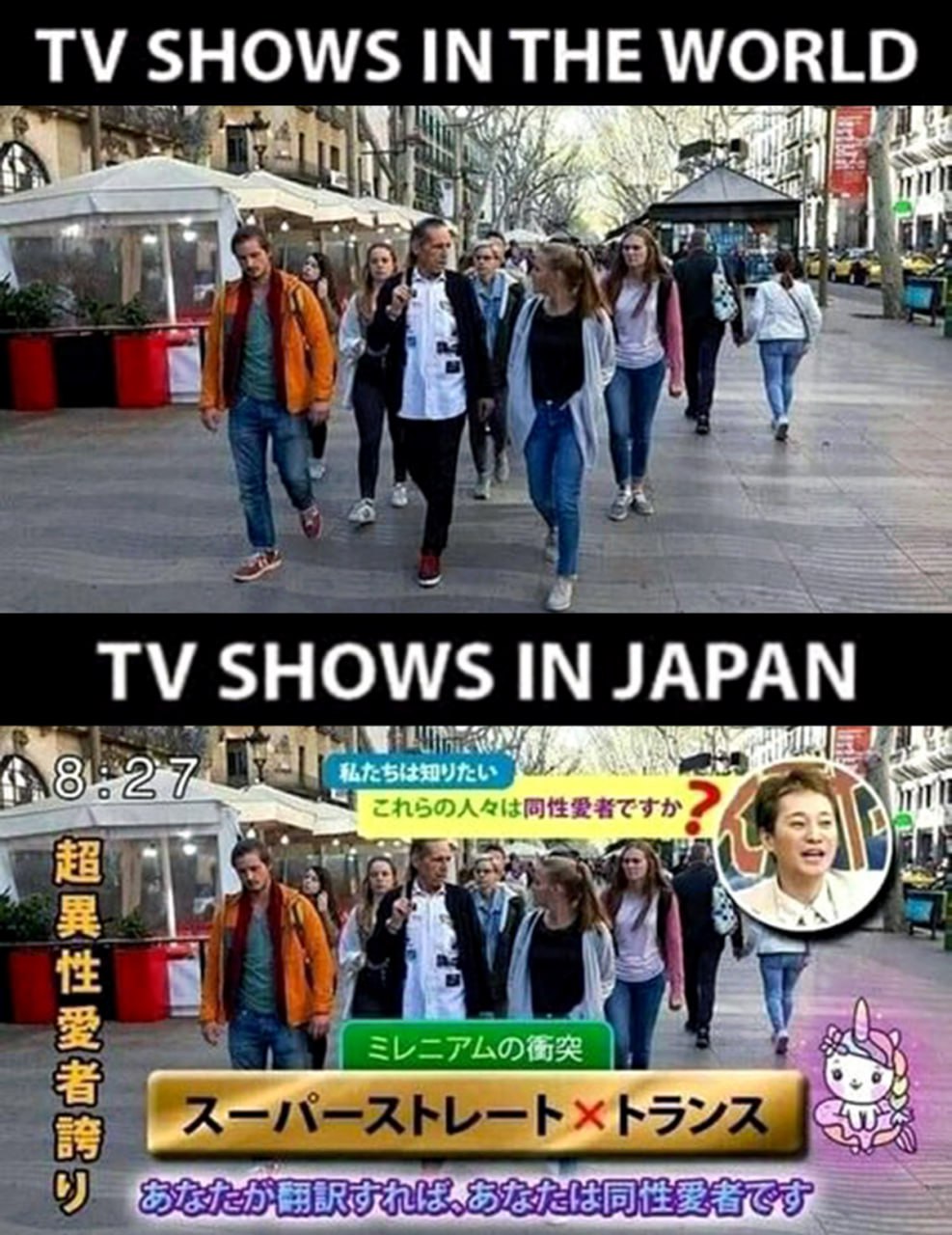 TV shows in Japan Японское телешоу с группой людей, идущих по улице, в сравнении с обычным телешоу в мире.