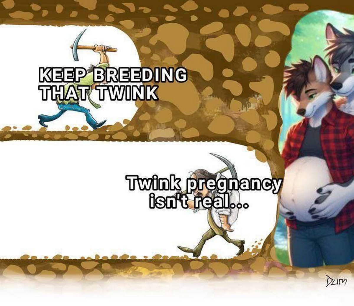Twink pregnancy isn't real Мем про беременность твинка с шахтером, который копает породу.