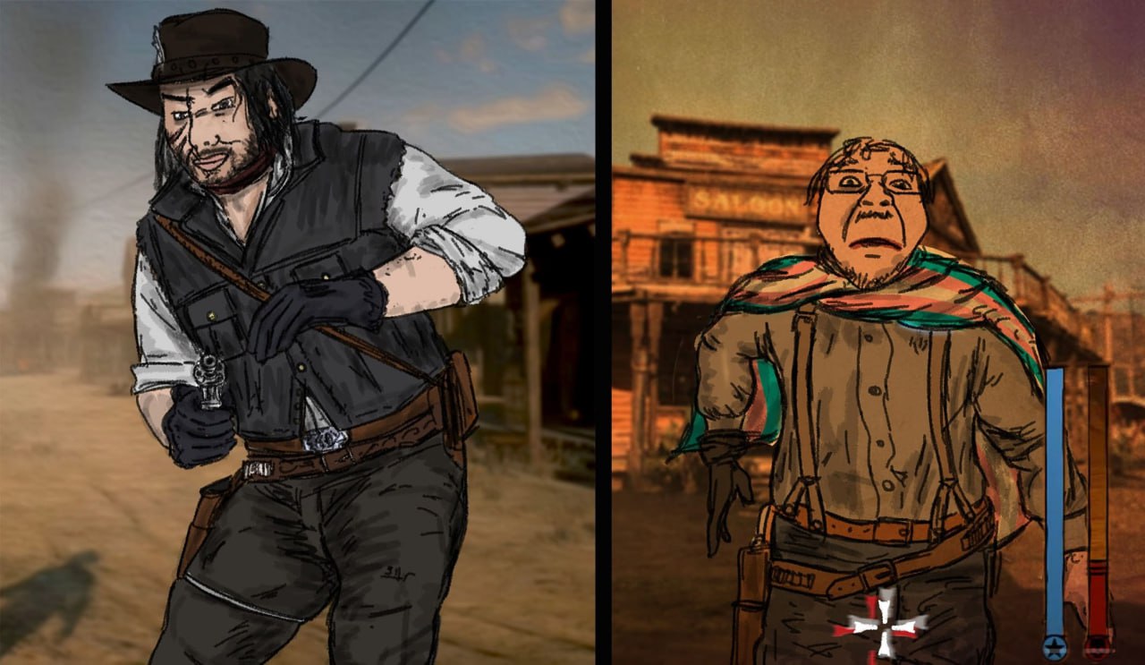 Два персонажа в стиле Red Dead Redemption Персонаж из Red Dead Redemption с оружием и карикатурный человек в очках и шляпе в стиле вестерна.