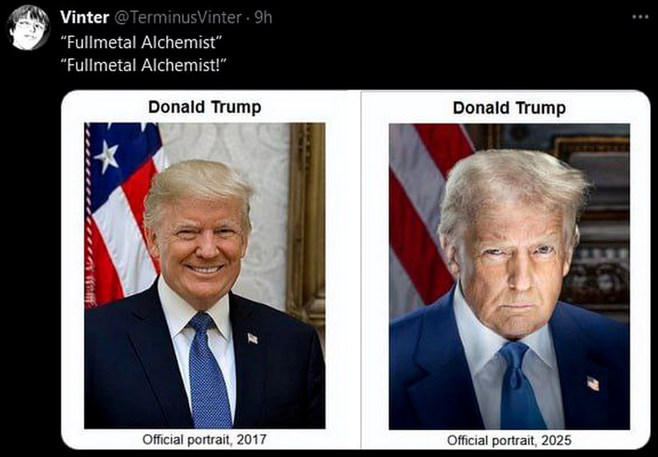 Два фото Дональда Трампа "Fullmetal Alchemist" Мем с двумя портретами Дональда Трампа, сравнивающий его внешний вид в 2017 и 2025 годах, с отсылкой к "Fullmetal Alchemist".