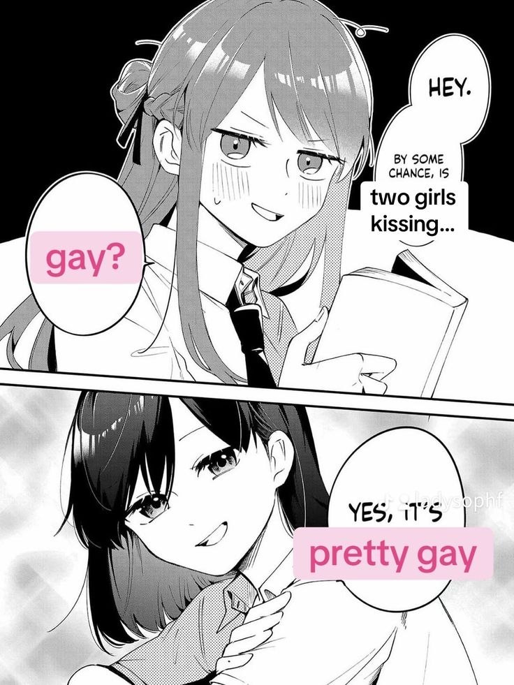 Две девушки обсуждают поцелуй между девушками: «Gay?» — «Yes, it’s pretty gay». Ироничная манга-картинка про очевидный лесбийский флирт.