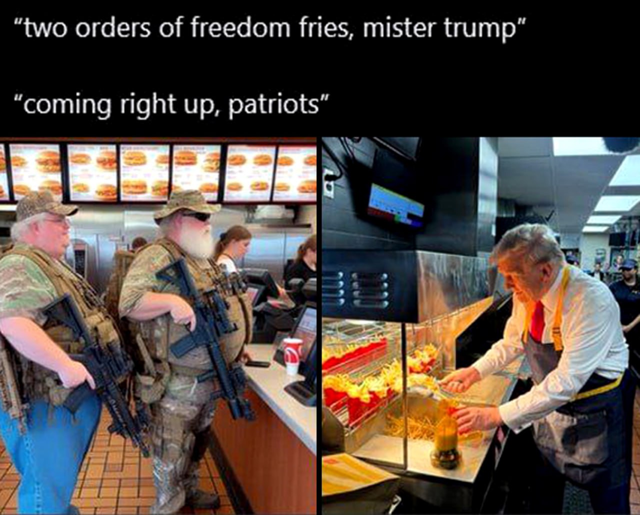 Two orders of freedom fries Два заказа картошки свободы, мистер Трамп