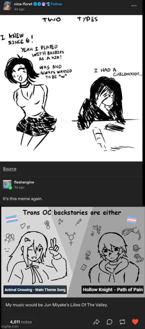 Мем о двух типах предысторий трансгендерных персонажей: от радостного детства до травмирующих воспоминаний.