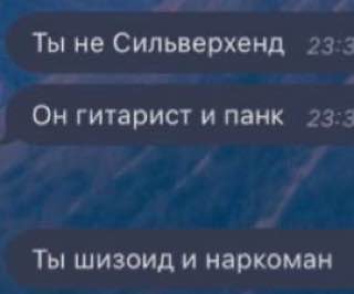 Ты не Сильверхенд, ты шизоид и наркоман Фраза «Ты не Сильверхенд, он гитарист и панк, ты шизоид и наркоман» из переписки в мессенджере