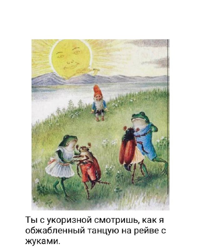 Ты с укоризной смотришь, как я обжабленный Мем с гномом, лягушками и жуками, танцующими на рейве