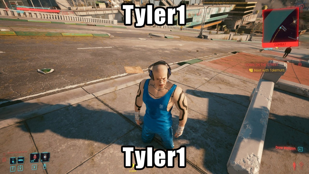 Tyler1 в Cyberpunk 2077 Персонаж Tyler1 из игры Cyberpunk 2077 стоит на коленях посреди улицы