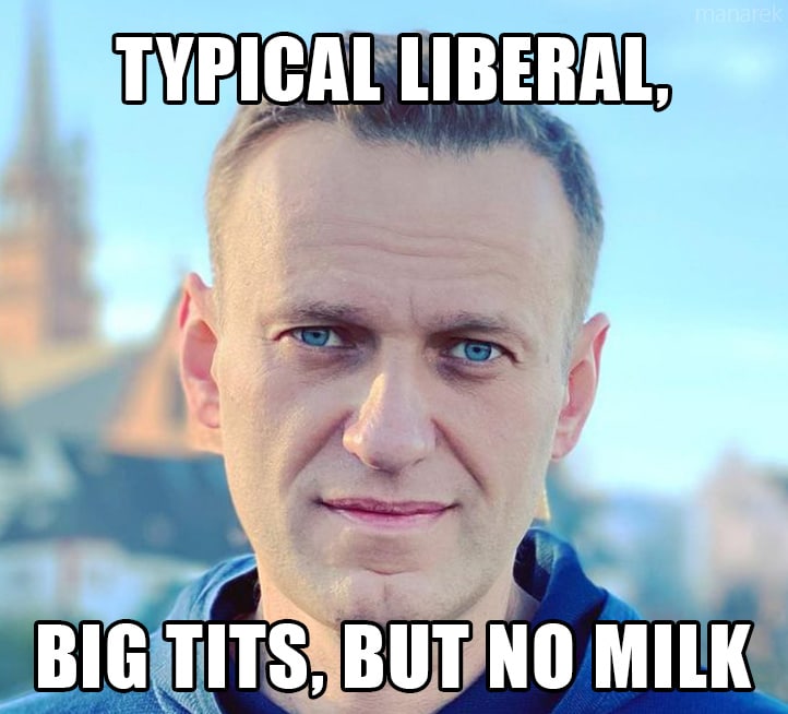 Typical liberal, big tits, but no milk Мем с Алексеем Навальным и надписью «Typical liberal, big tits, but no milk»