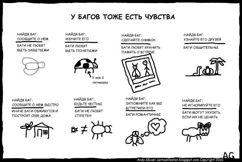 У багов тоже есть чувства Мем "У багов тоже есть чувства" представляет собой коллекцию карикатурных рисунков, изображающих насекомых как аналогии для компьютерных багов, с подписями, призывающими к "гуманному" обращению с ними. Каждая карикатура содержит совет, как взаимодействовать с багом, проводя параллели между поведением насекомых и типичными этапами работы с программными ошибками, такими как сообщение о них, изучение, документирование, поиск связей и своевременное исправление.