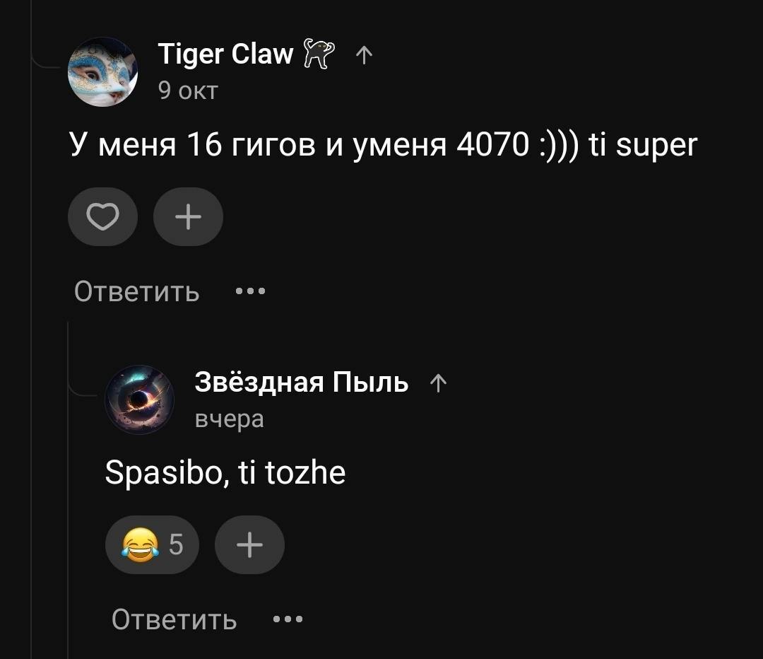 У меня 16 гигов и у меня 4070 Скриншот переписки, где один пользователь хвастается своей видеокартой 4070 с 16 гигабайтами, а другой отвечает "Spasibo, ti tozhe".