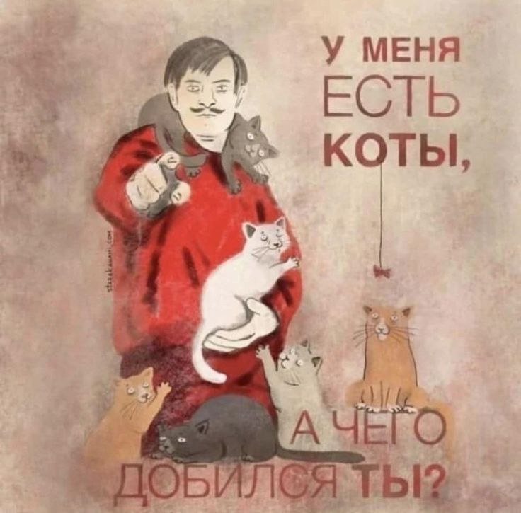 У меня есть коты, а чего добился ты Мужчина в красной рубашке, похожий на Иосифа Сталина, окружен шестью котами и указывает пальцем на зрителя со словами: «У меня есть коты, а чего добился ты?»