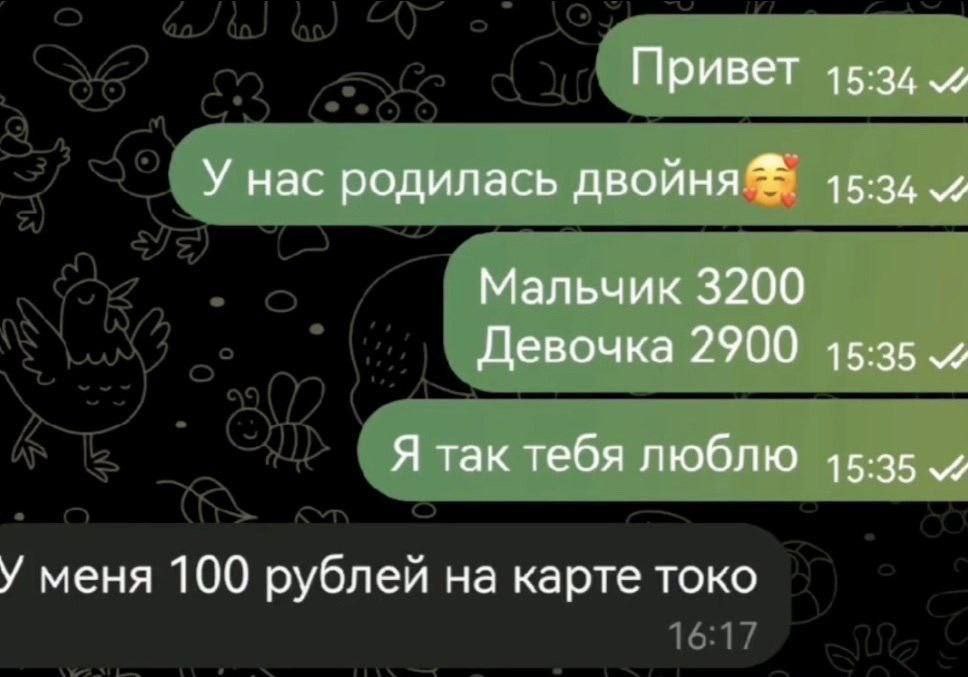 У нас родилась двойня Мем про новость о рождении двойни и ответ о 100 рублях на карте