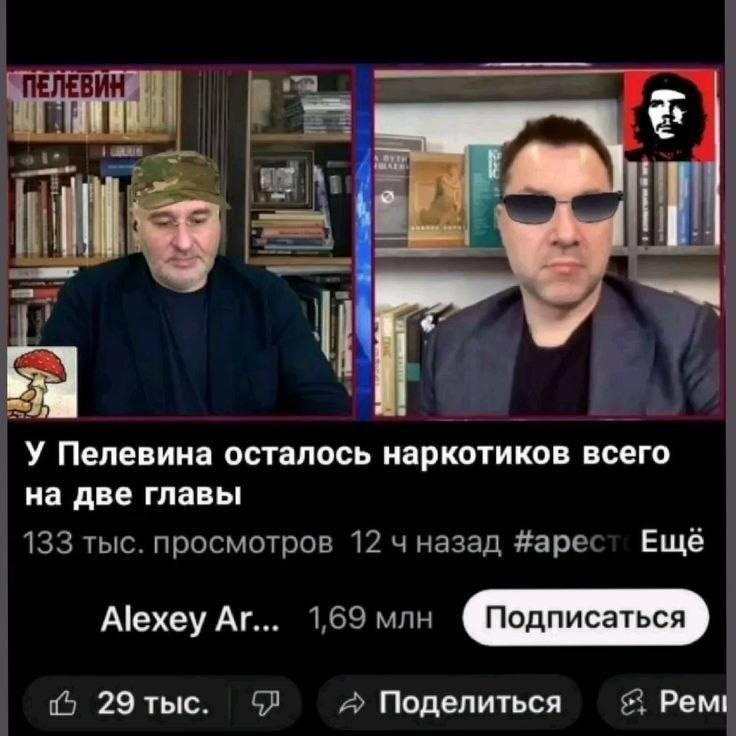 Скриншот видеоролика с двумя мужчинами на фоне книжных полок и подписью про Пелевина: «У Пелевина осталось наркотиков всего на две главы»