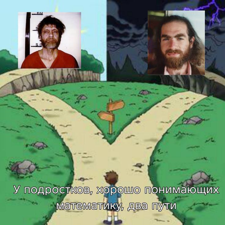 Мем про два пути для подростков, хорошо понимающих математику: Унабомбер и Росс Ульбрихт