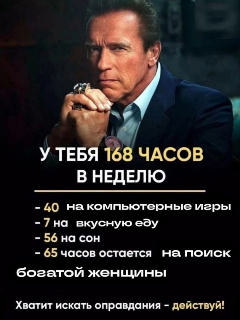 У тебя 168 часов в неделю Арнольд Шварценеггер держит руки сложенными, на его пальце массивное кольцо, и он смотрит прямо на зрителя. Ниже располагается белый текст, который разделён на две части. В верхней части говорится о 168 часах в неделю, а в нижней перечислены часы, которые остаются на поиск богатой женщины, после вычета времени на компьютерные игры, еду и сон. В самом низу надпись: "Хватит искать оправдания – действуй!"