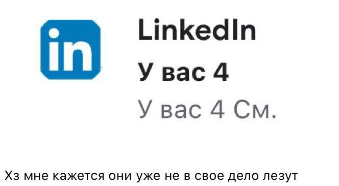 У вас 4 см LinkedIn Уведомление от LinkedIn "У вас 4 См." с комментарием "Хз мне кажется они уже не в свое дело лезут".