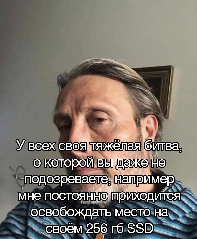 У всех своя тяжёлая битва Мужчина, похожий на Мадса Миккельсена, жалуется, что ему постоянно приходится освобождать место на своем SSD на 256 ГБ, что является его тяжелой битвой
