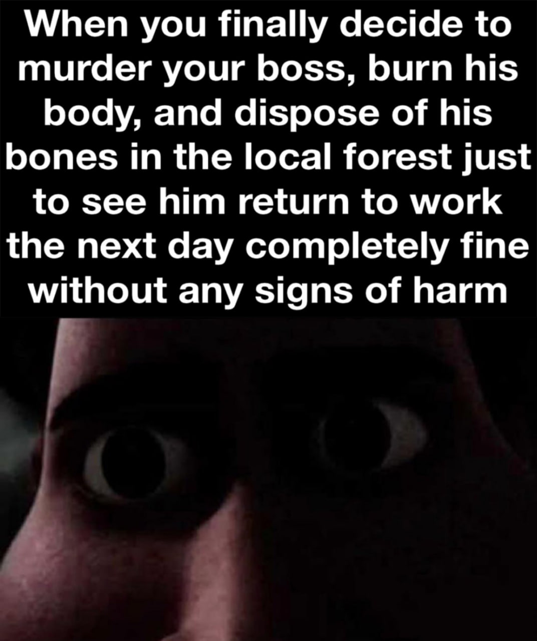 Убил босса, а он вернулся Мем с фразой «When you finally decide to murder your boss, burn his body, and dispose of his bones in the local forest just to see him return to work the next day completely fine without any signs of harm» и крупным планом глаз мужчины из мультфильма «Мегамозг» на черном фоне, выражающих крайнее удивление или шок.