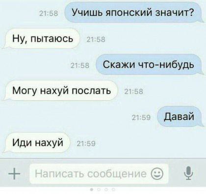 Учишь японский значит Переписка в мессенджере, где один собеседник спрашивает другого, учит ли тот японский язык, и просит сказать что-нибудь, на что в ответ получает нецензурное выражение.
