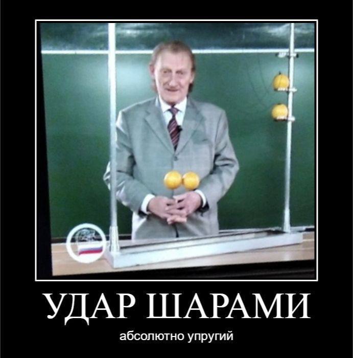 Удар шарами Мужчина в сером костюме держит два желтых шара, еще два висят на стойке, на заднем плане видна зеленая доска. Внизу надпись «Удар шарами абсолютно упругий»