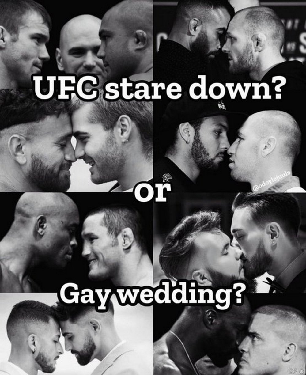 UFC stare down or gay wedding? Мем про бойцов UFC, которые смотрят друг на друга, как будто они на гей-свадьбе.