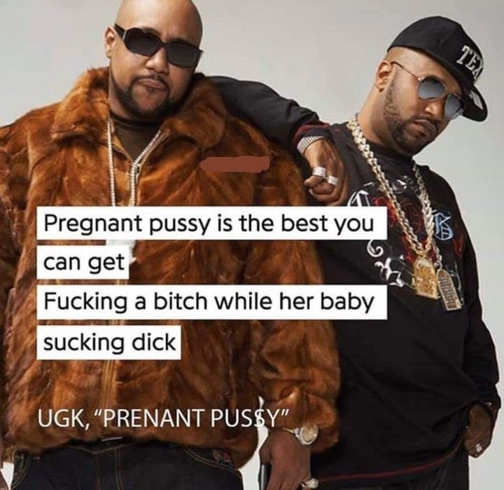 UGK, "Prenant Pussy" Мем с цитатой из песни UGK "Prenant Pussy", где два мужчины в шубах и цепях позируют на фото.