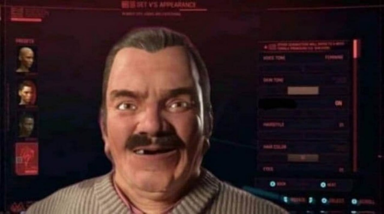 Уголок смешного из Cyberpunk 2077 Мем с мужчиной, созданным в редакторе персонажей Cyberpunk 2077 с женским голосом