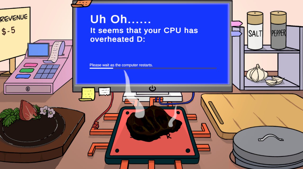 Uh Oh… It seems that your CPU has overheated Мем про перегретый процессор, который используется как гриль для жарки мяса